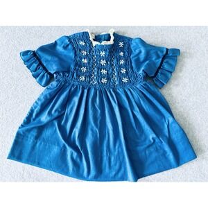 Vintage Toddler Smocked Floral Blue Short Sleeve Dress 3 Sears Perma Press